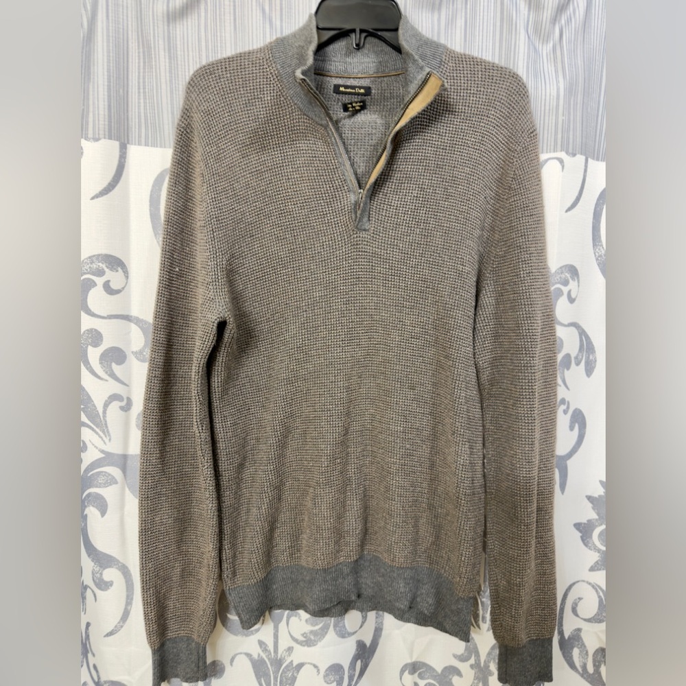 Massimo Dutti Cotton Cashmere Gray 1/4 Zip-Up‎ Waffle Knit Sweater Size Large